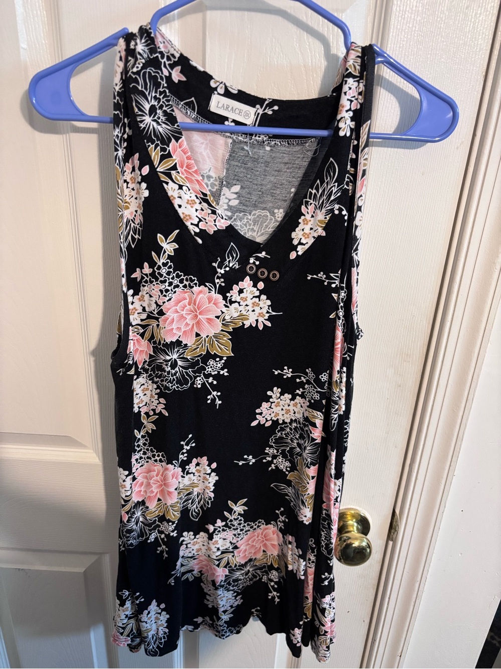 LARACE Black Floral V-Neck Tank with Pink & Cream Blooms